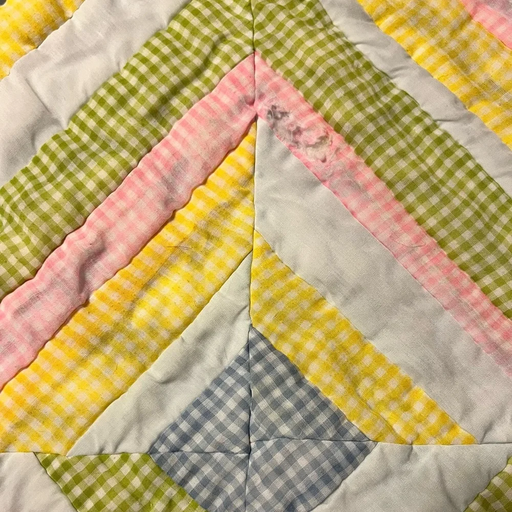 UC Vintage 70s Hand Sewn Colorful Patchwork Baby Crib Quilt 29”x38”